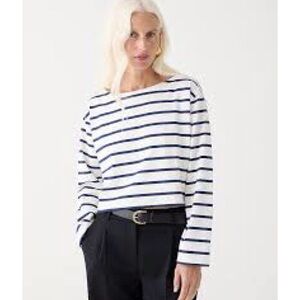 J. Crew Cropped Boat Neck Nautical Navy White Striped Preppy Long Sleeve Top M